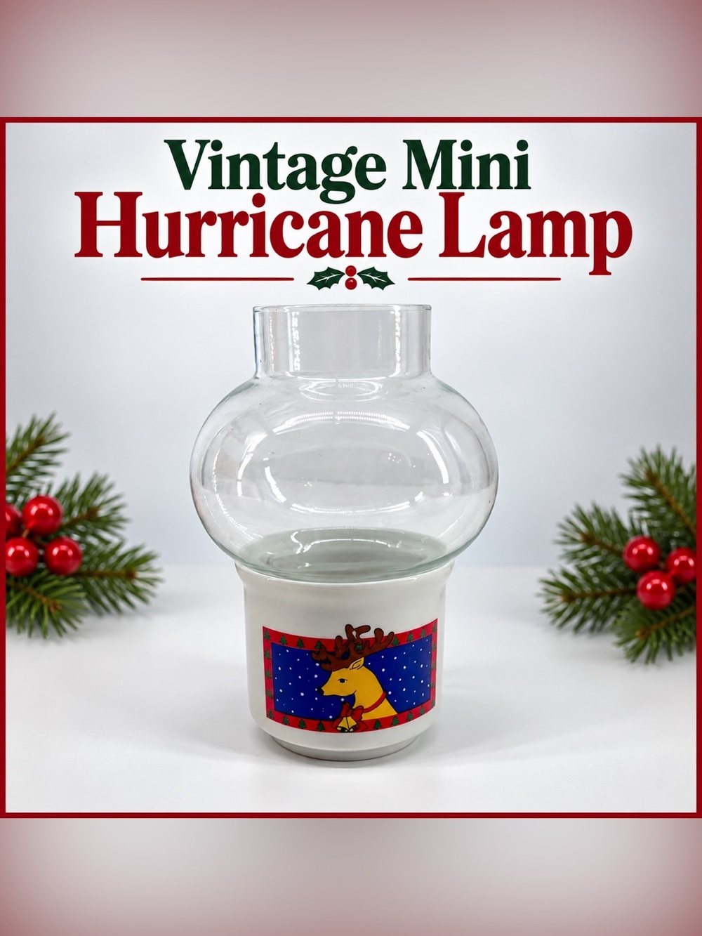 Christmas Mini Hurricane Lamp Reindeer Ceramic Glass Candle Holder Vintage
